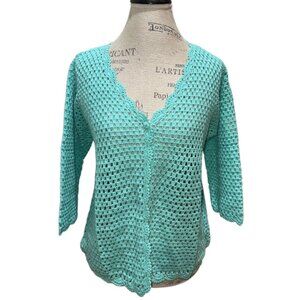 Norm Thompson Turquoise Green Linen Blend Open Knit 1-Button 3/4 Slv Cardigan L